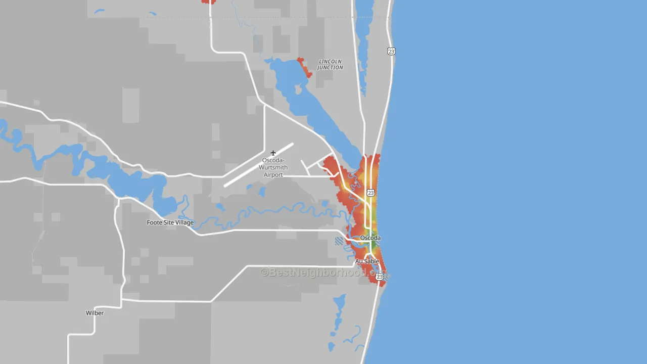 Walk Grade map of 48750, MI, walkable areas in green and car-dependent areas in red