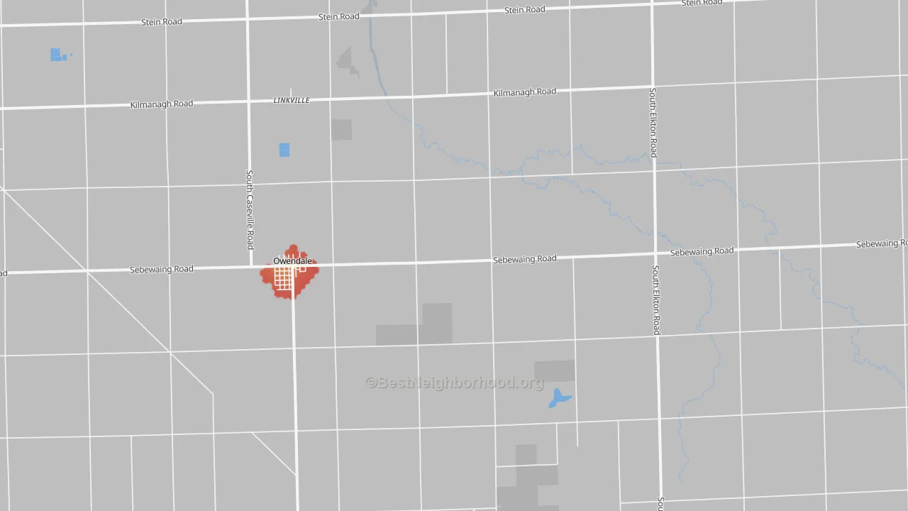 Walk Grade map of 48754, MI, walkable areas in green and car-dependent areas in red