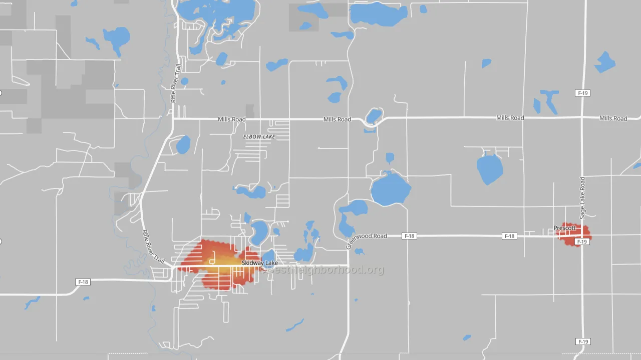 Walk Grade map of 48756, MI, walkable areas in green and car-dependent areas in red
