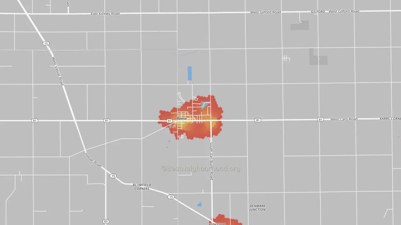 Walk Grade map of 48757, MI, walkable areas in green and car-dependent areas in red