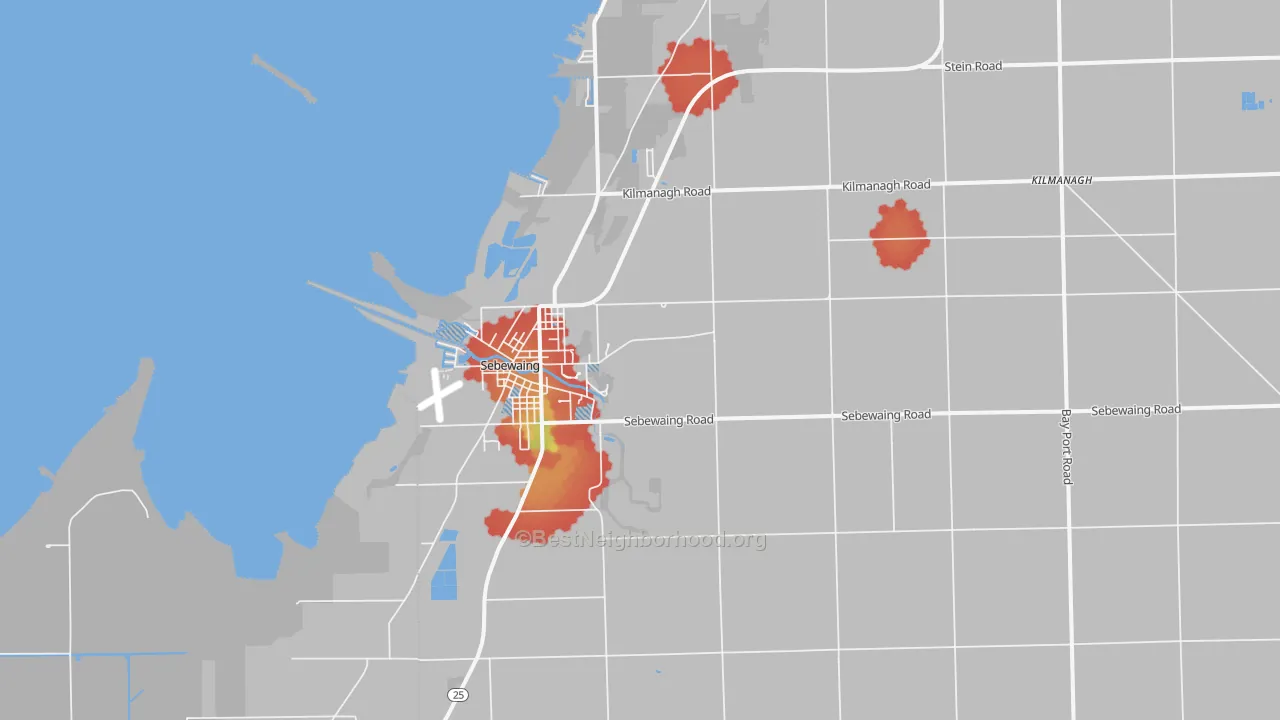 Walk Grade map of 48759, MI, walkable areas in green and car-dependent areas in red
