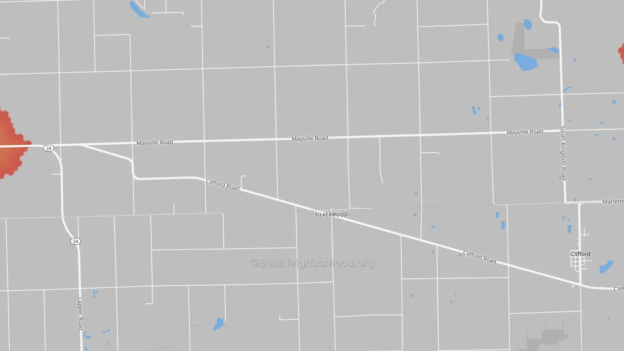 Walk Grade map of 48760, MI, walkable areas in green and car-dependent areas in red