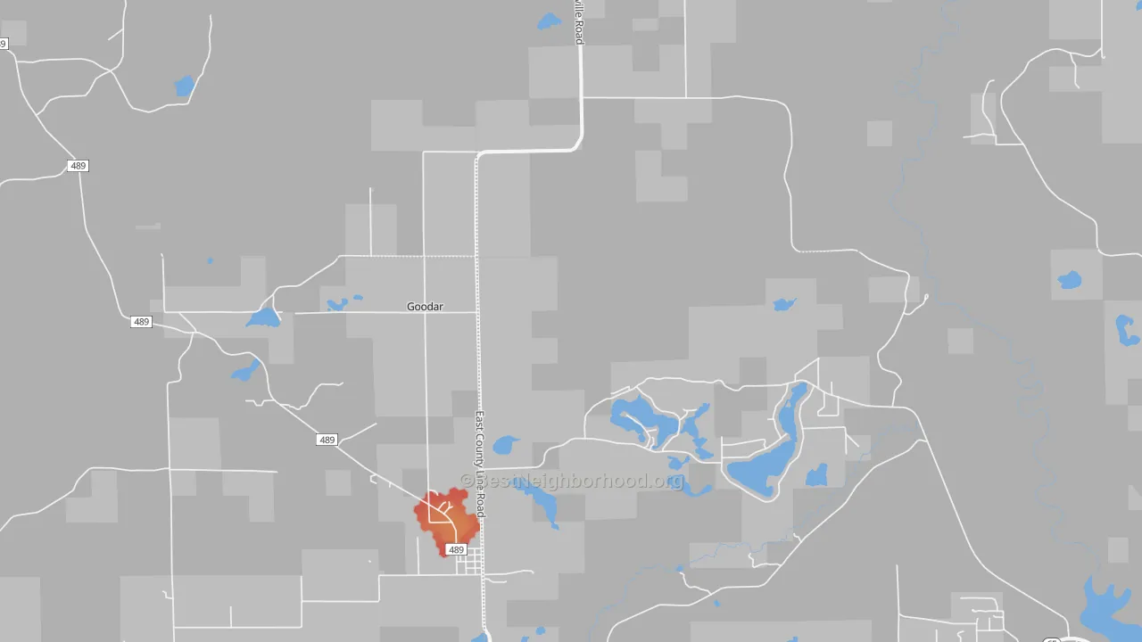 Walk Grade map of 48761, MI, walkable areas in green and car-dependent areas in red