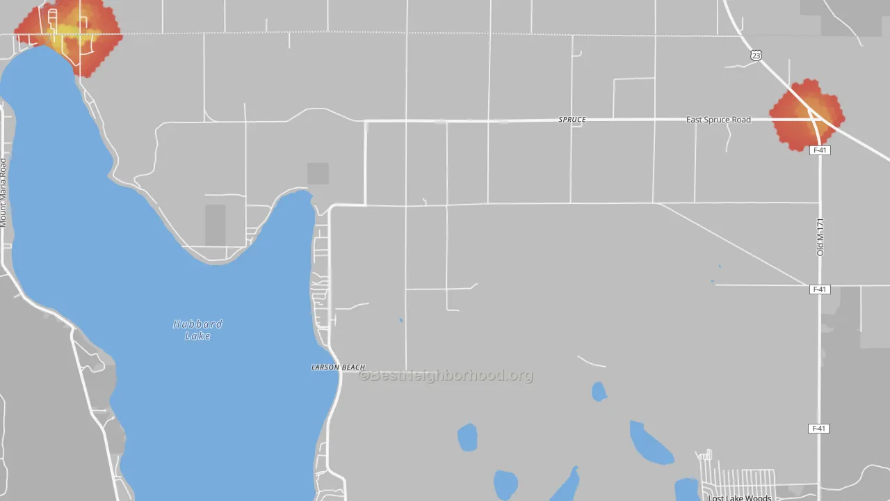 Walk Grade map of 48762, MI, walkable areas in green and car-dependent areas in red
