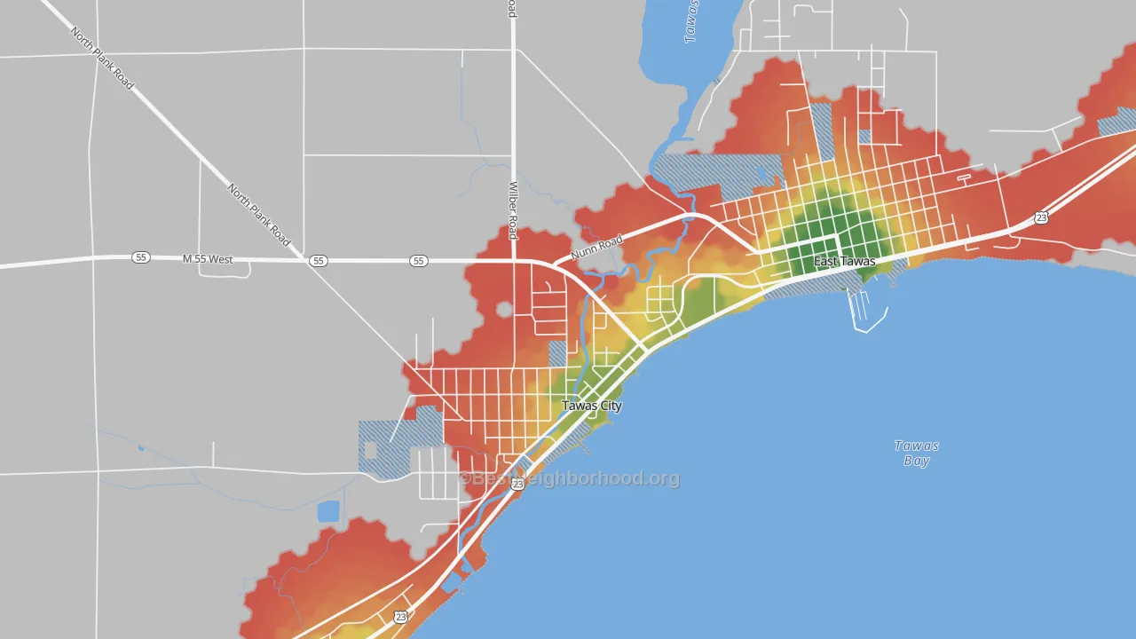Walk Grade map of 48764, MI, walkable areas in green and car-dependent areas in red