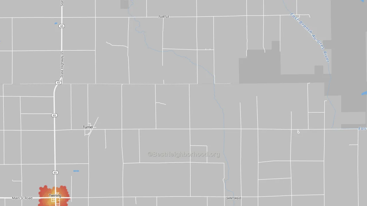 Walk Grade map of 48765, MI, walkable areas in green and car-dependent areas in red