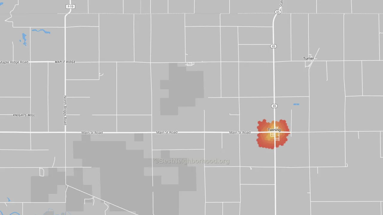 Walk Grade map of 48766, MI, walkable areas in green and car-dependent areas in red