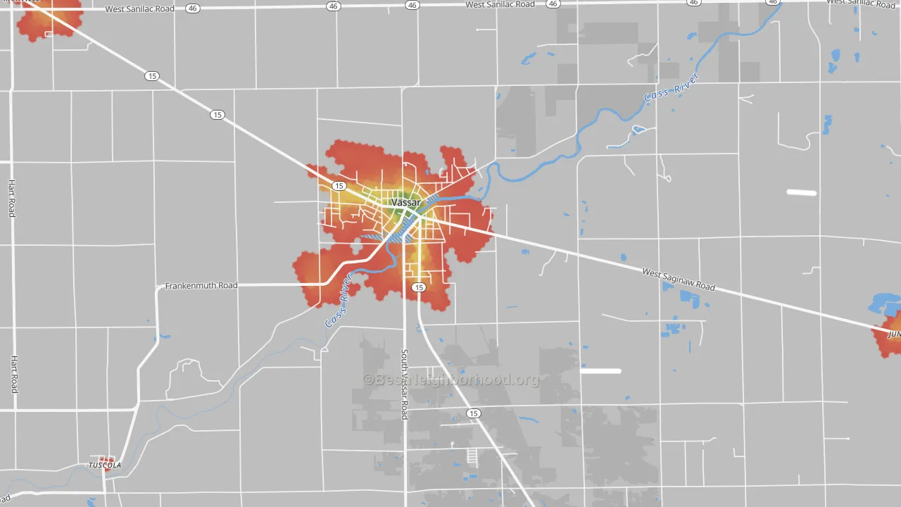 Walk Grade map of 48768, MI, walkable areas in green and car-dependent areas in red