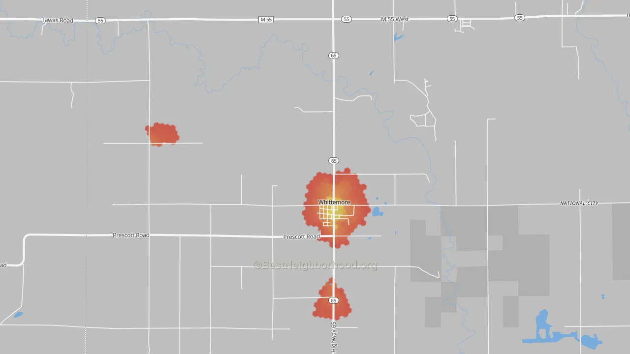 Walk Grade map of 48770, MI, walkable areas in green and car-dependent areas in red