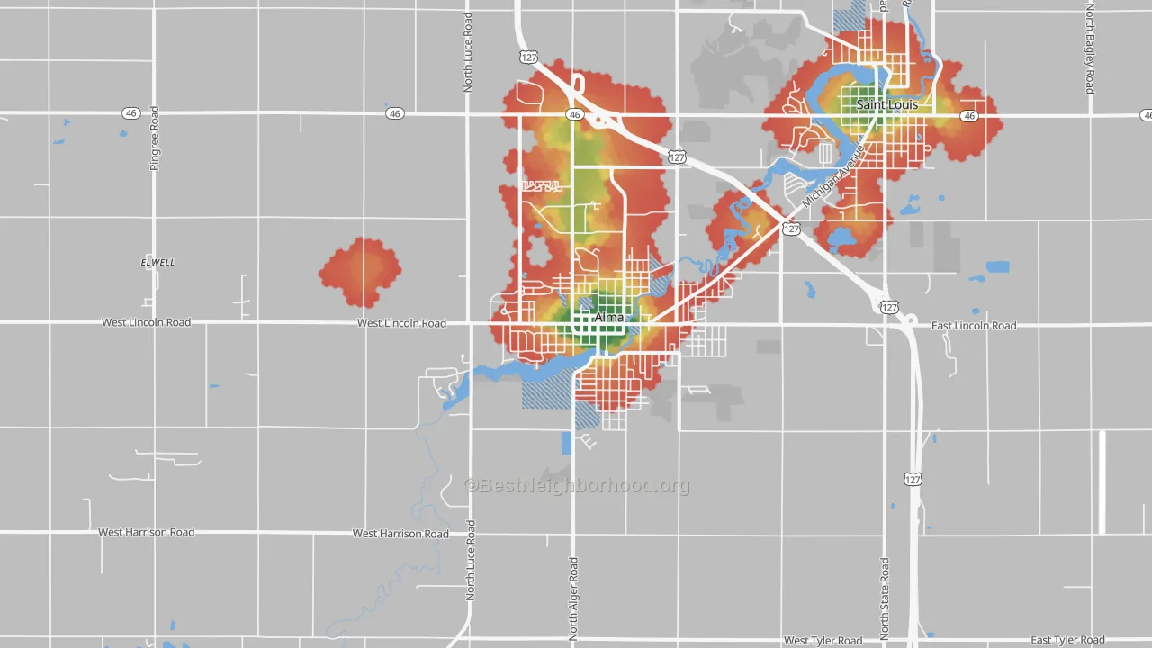 Walk Grade map of 48801, MI, walkable areas in green and car-dependent areas in red