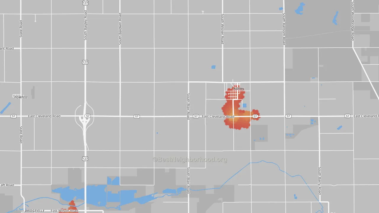 Walk Grade map of 48806, MI, walkable areas in green and car-dependent areas in red