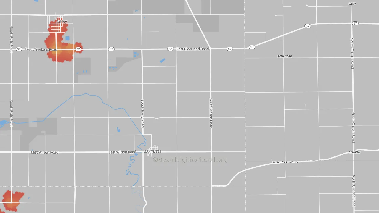 Walk Grade map of 48807, MI, walkable areas in green and car-dependent areas in red
