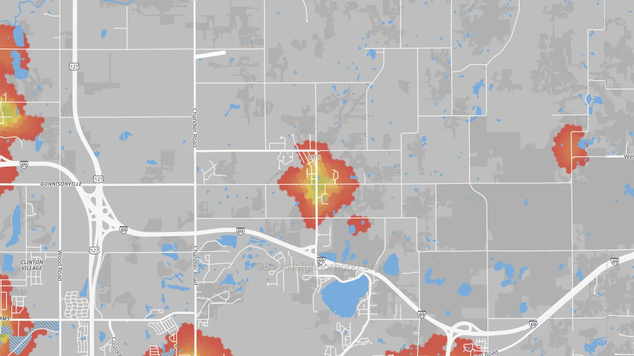 Walk Grade map of 48808, MI, walkable areas in green and car-dependent areas in red