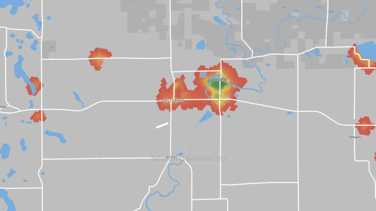 Walk Grade map of 48809, MI, walkable areas in green and car-dependent areas in red