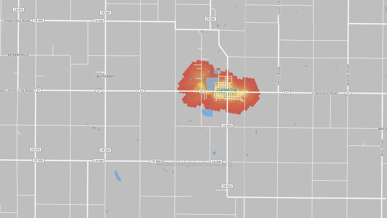 Walk Grade map of 48811, MI, walkable areas in green and car-dependent areas in red