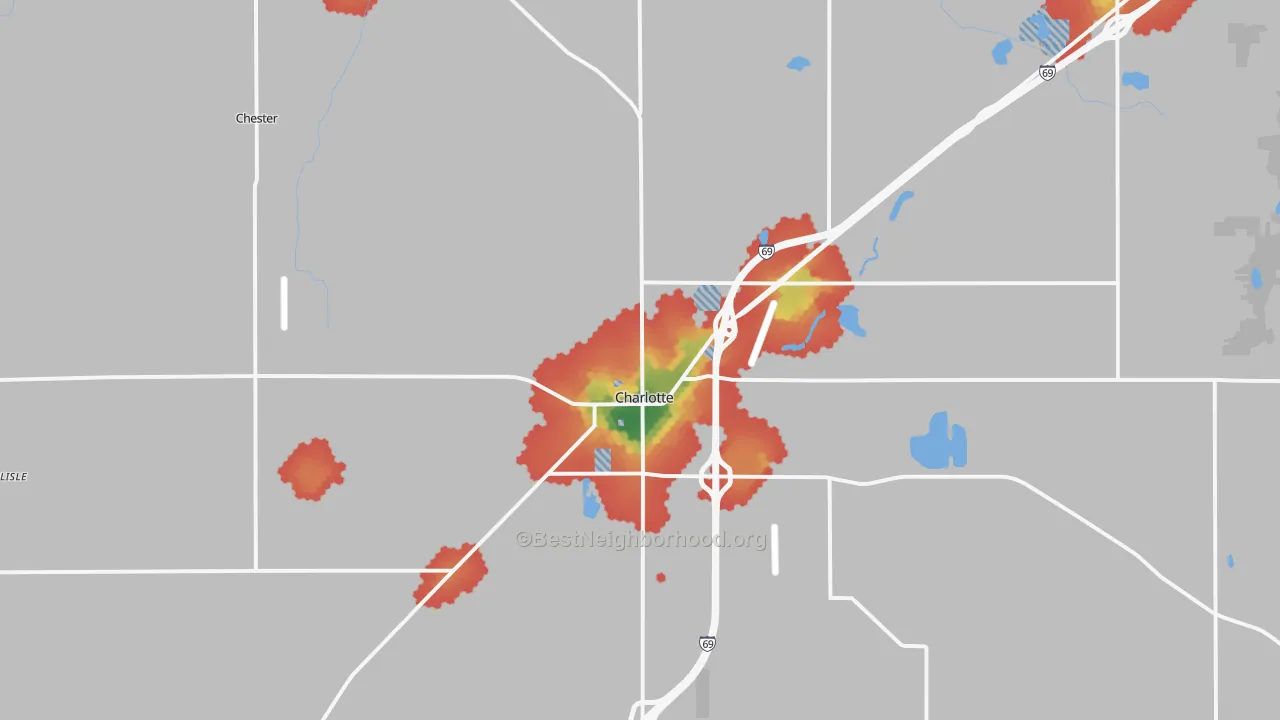 Walk Grade map of 48813, MI, walkable areas in green and car-dependent areas in red
