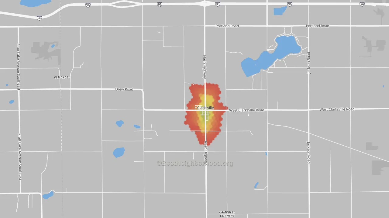 Walk Grade map of 48815, MI, walkable areas in green and car-dependent areas in red