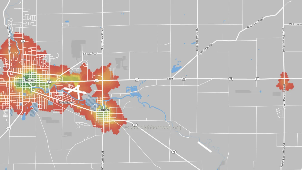 Walk Grade map of 48817, MI, walkable areas in green and car-dependent areas in red