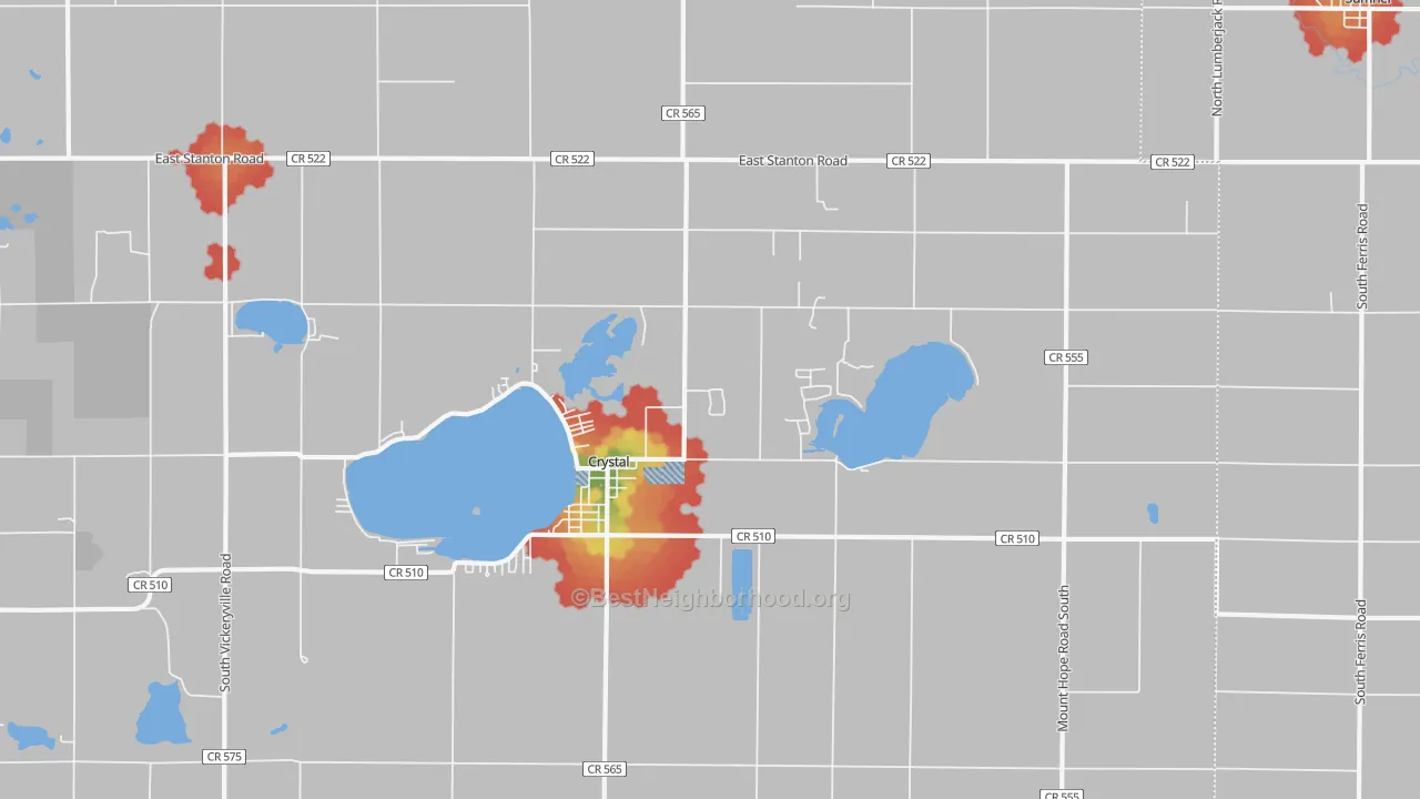 Walk Grade map of 48818, MI, walkable areas in green and car-dependent areas in red