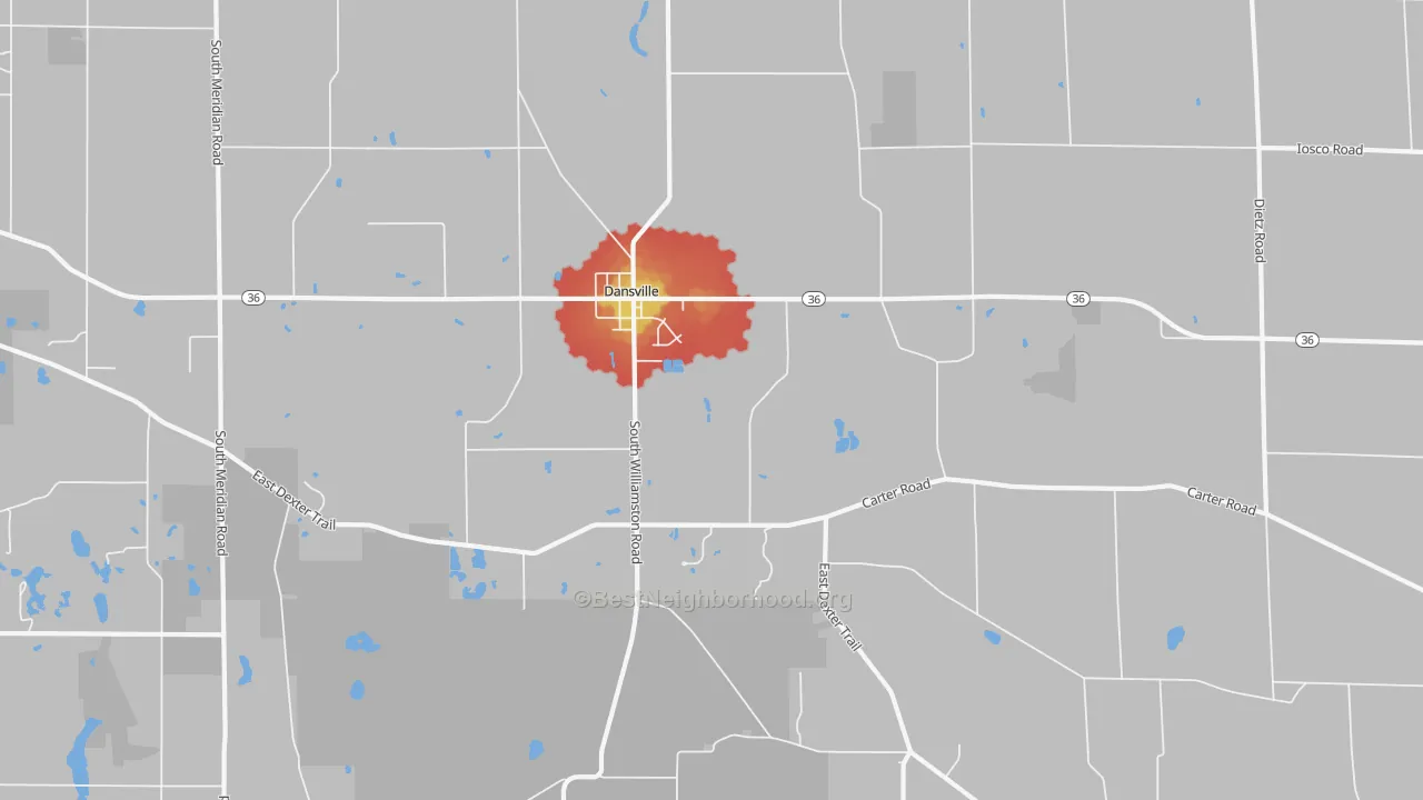 Walk Grade map of 48819, MI, walkable areas in green and car-dependent areas in red