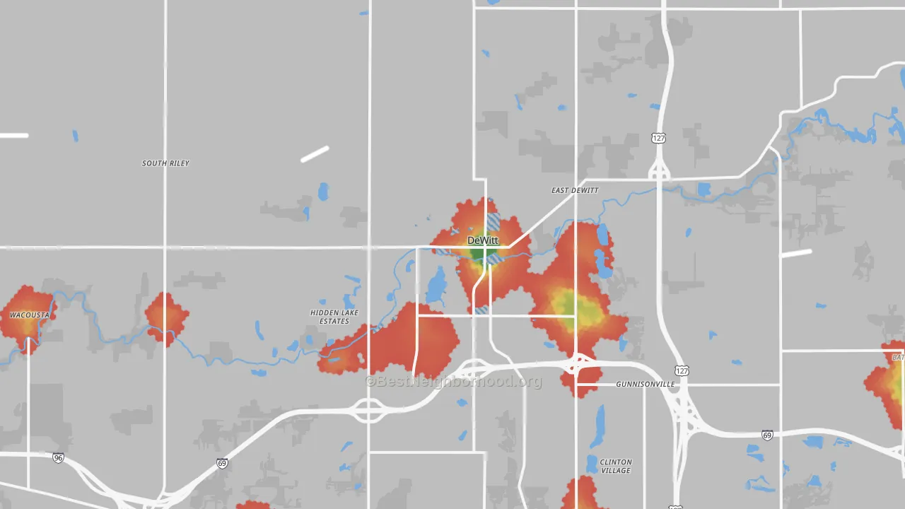 Walk Grade map of 48820, MI, walkable areas in green and car-dependent areas in red