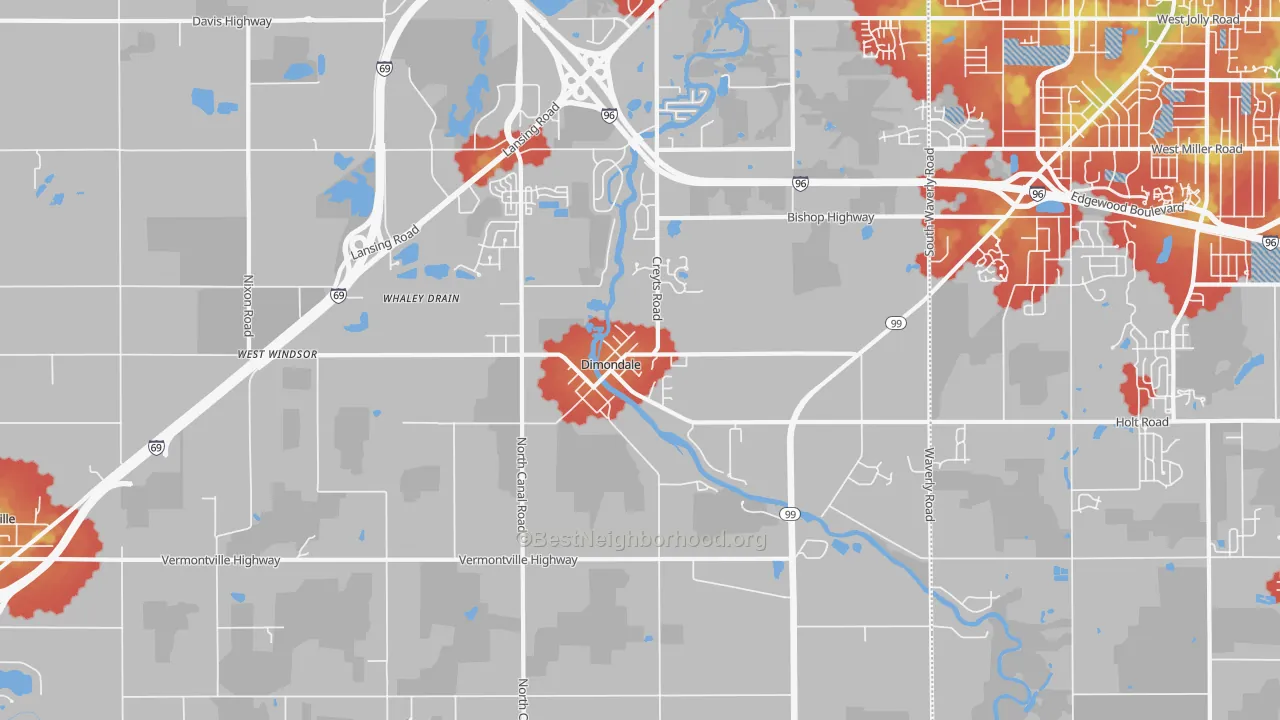 Walk Grade map of 48821, MI, walkable areas in green and car-dependent areas in red