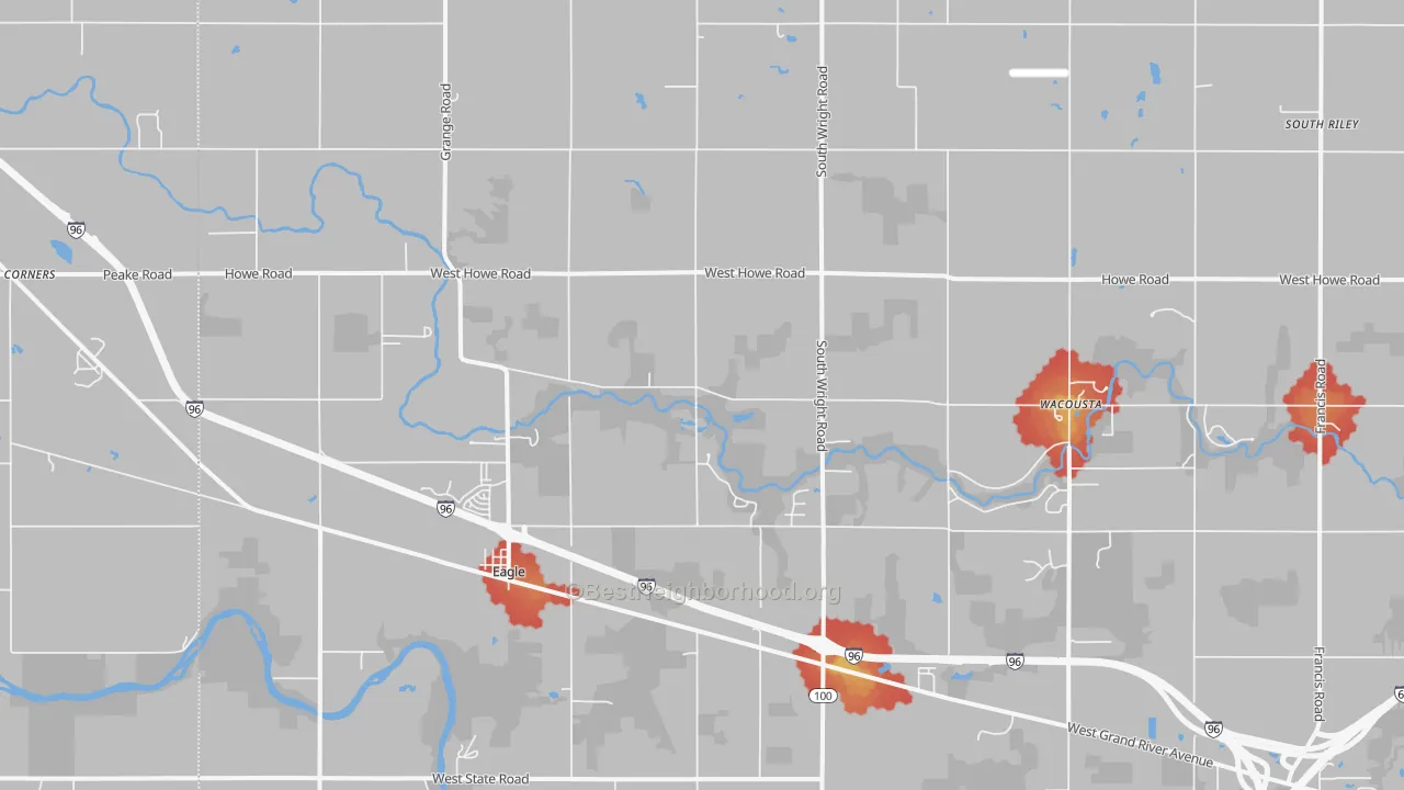 Walk Grade map of 48822, MI, walkable areas in green and car-dependent areas in red
