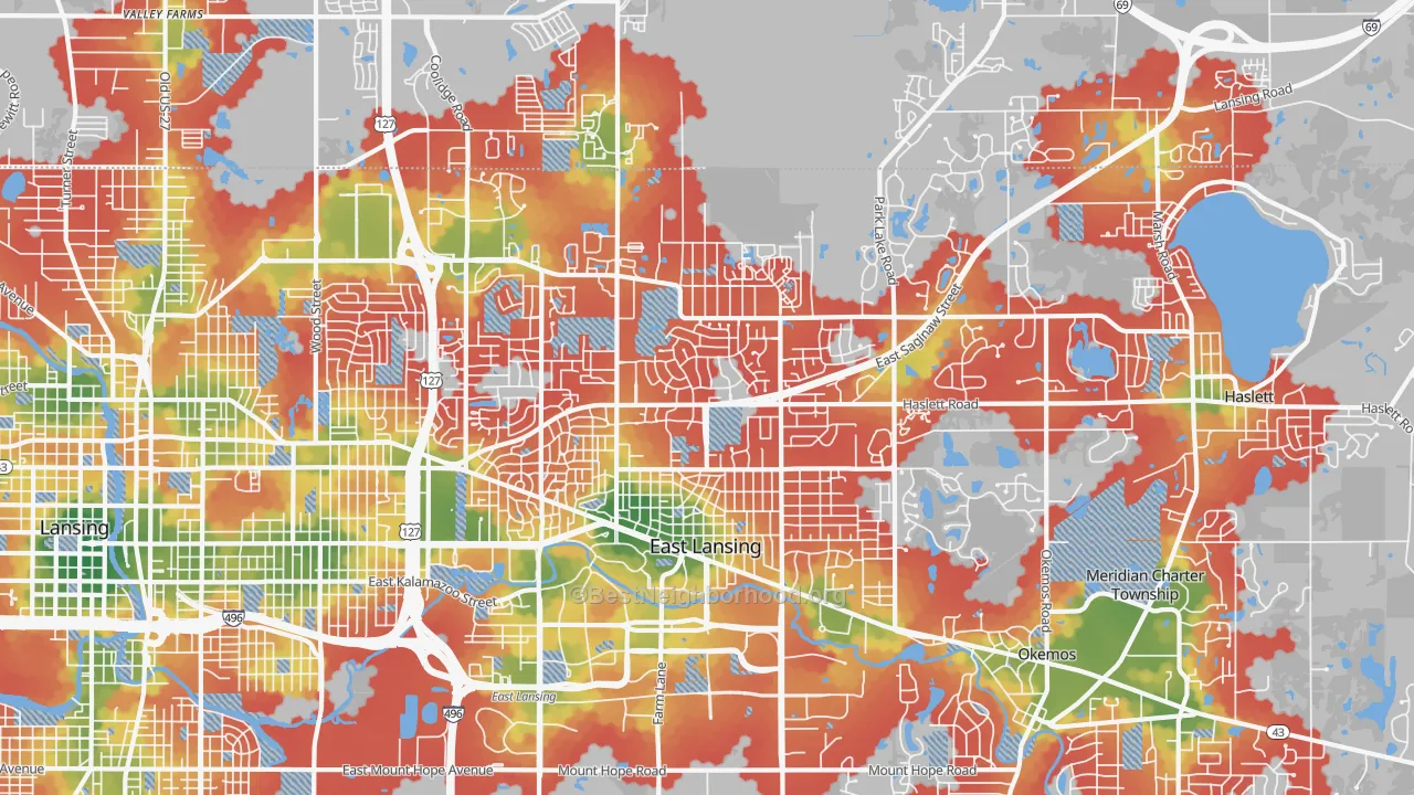 Walk Grade map of 48823, MI, walkable areas in green and car-dependent areas in red