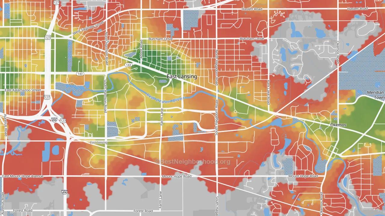 Walk Grade map of 48824, MI, walkable areas in green and car-dependent areas in red