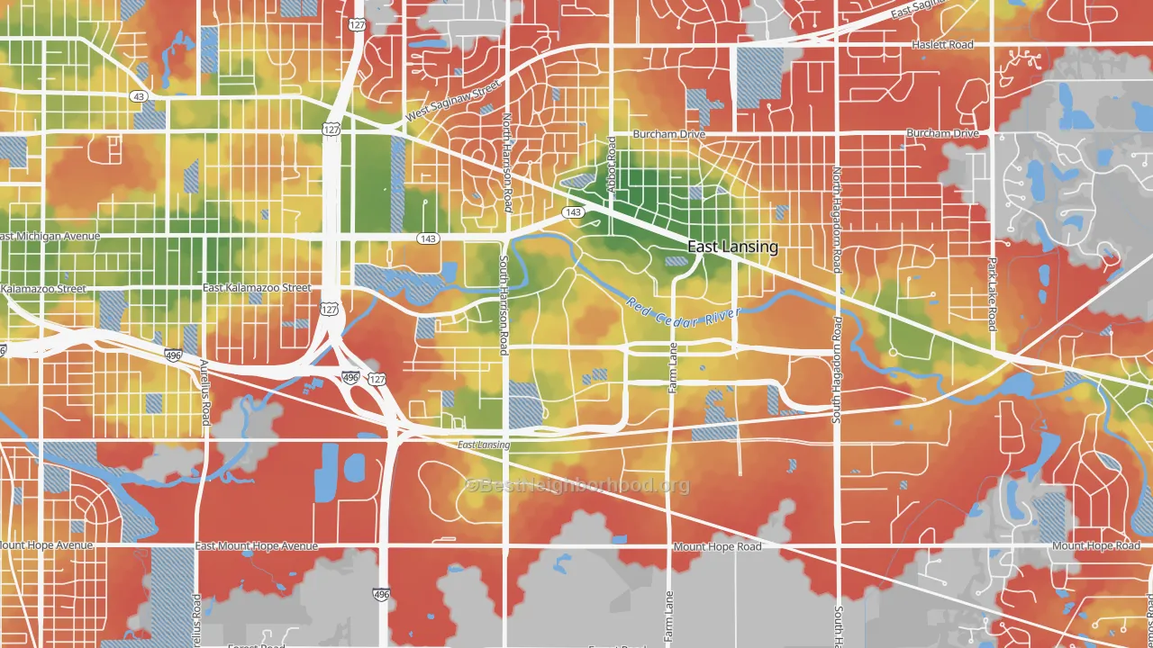 Walk Grade map of 48825, MI, walkable areas in green and car-dependent areas in red
