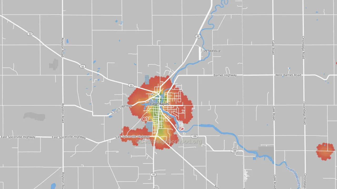 Walk Grade map of 48827, MI, walkable areas in green and car-dependent areas in red