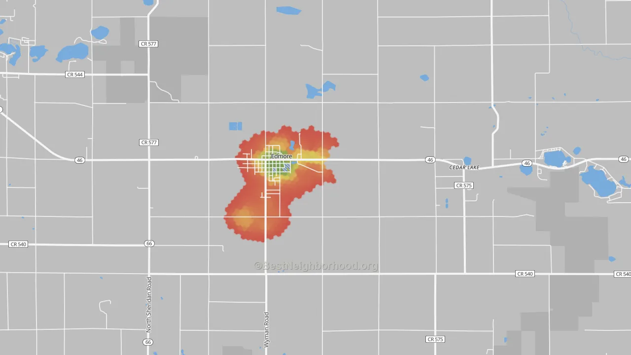 Walk Grade map of 48829, MI, walkable areas in green and car-dependent areas in red