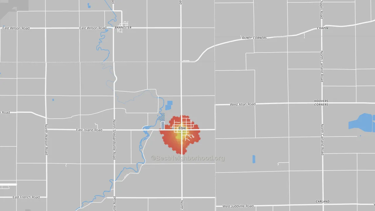 Walk Grade map of 48831, MI, walkable areas in green and car-dependent areas in red