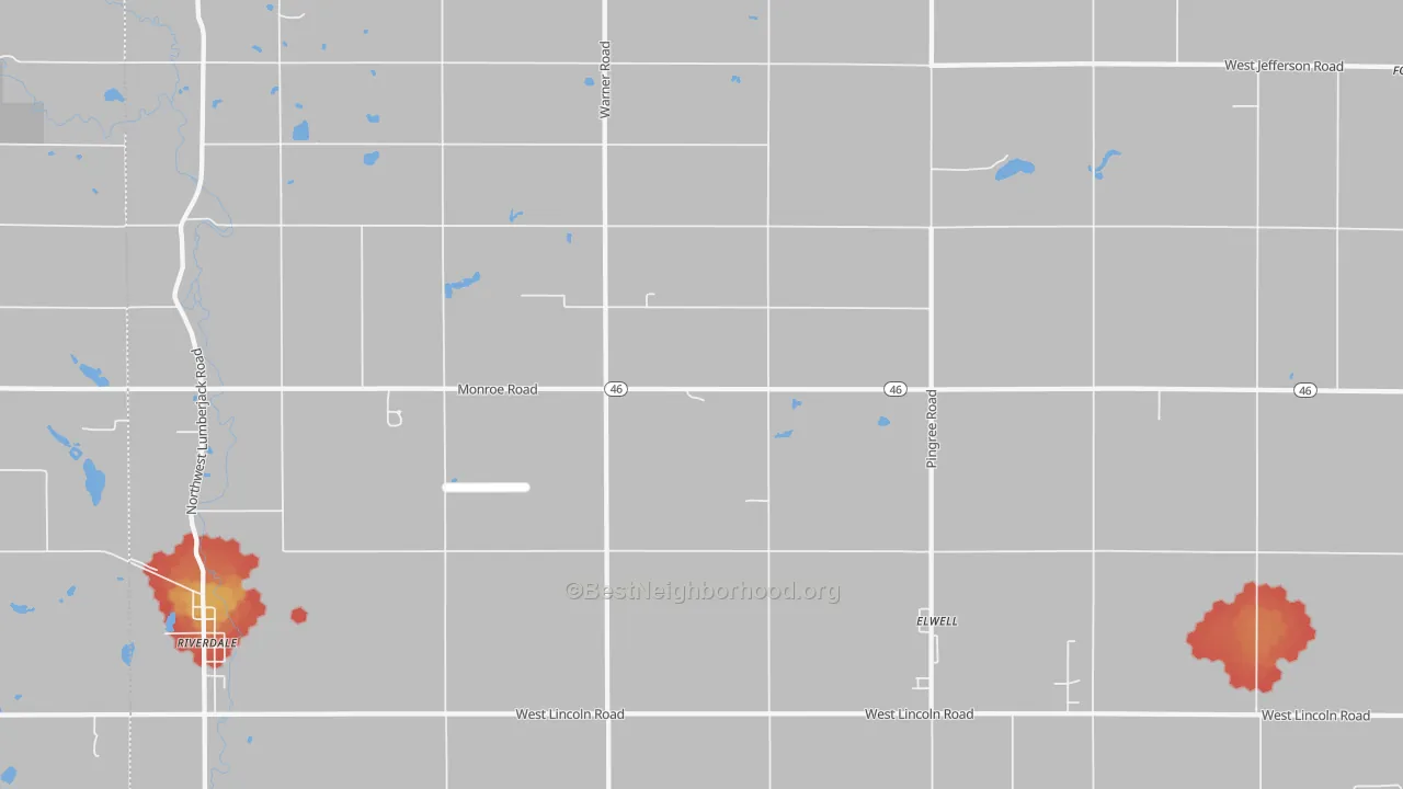 Walk Grade map of 48832, MI, walkable areas in green and car-dependent areas in red