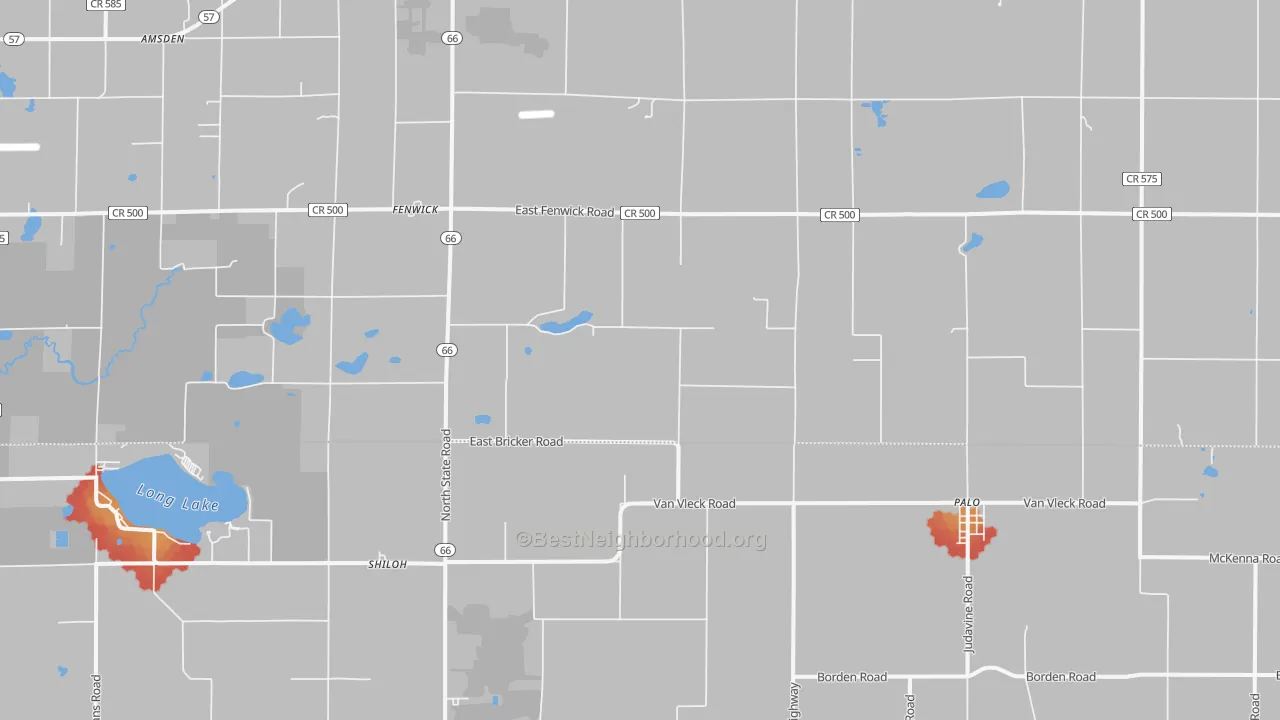 Walk Grade map of 48834, MI, walkable areas in green and car-dependent areas in red
