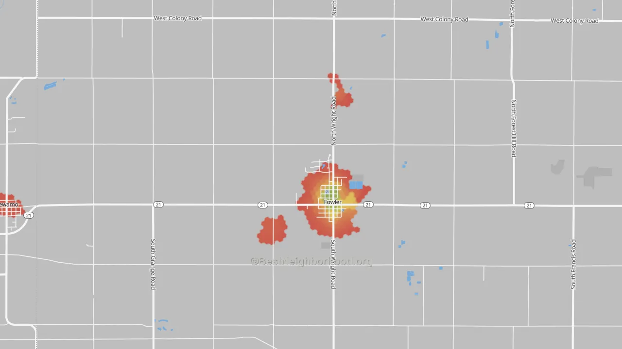 Walk Grade map of 48835, MI, walkable areas in green and car-dependent areas in red