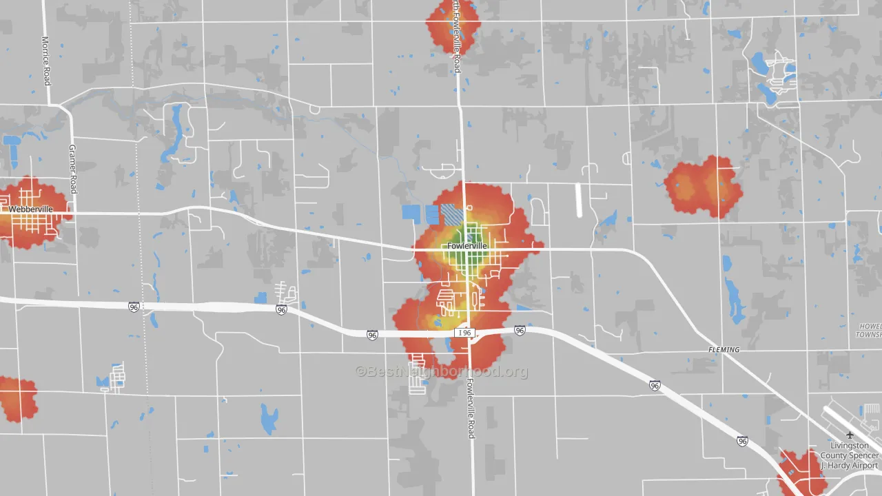 Walk Grade map of 48836, MI, walkable areas in green and car-dependent areas in red