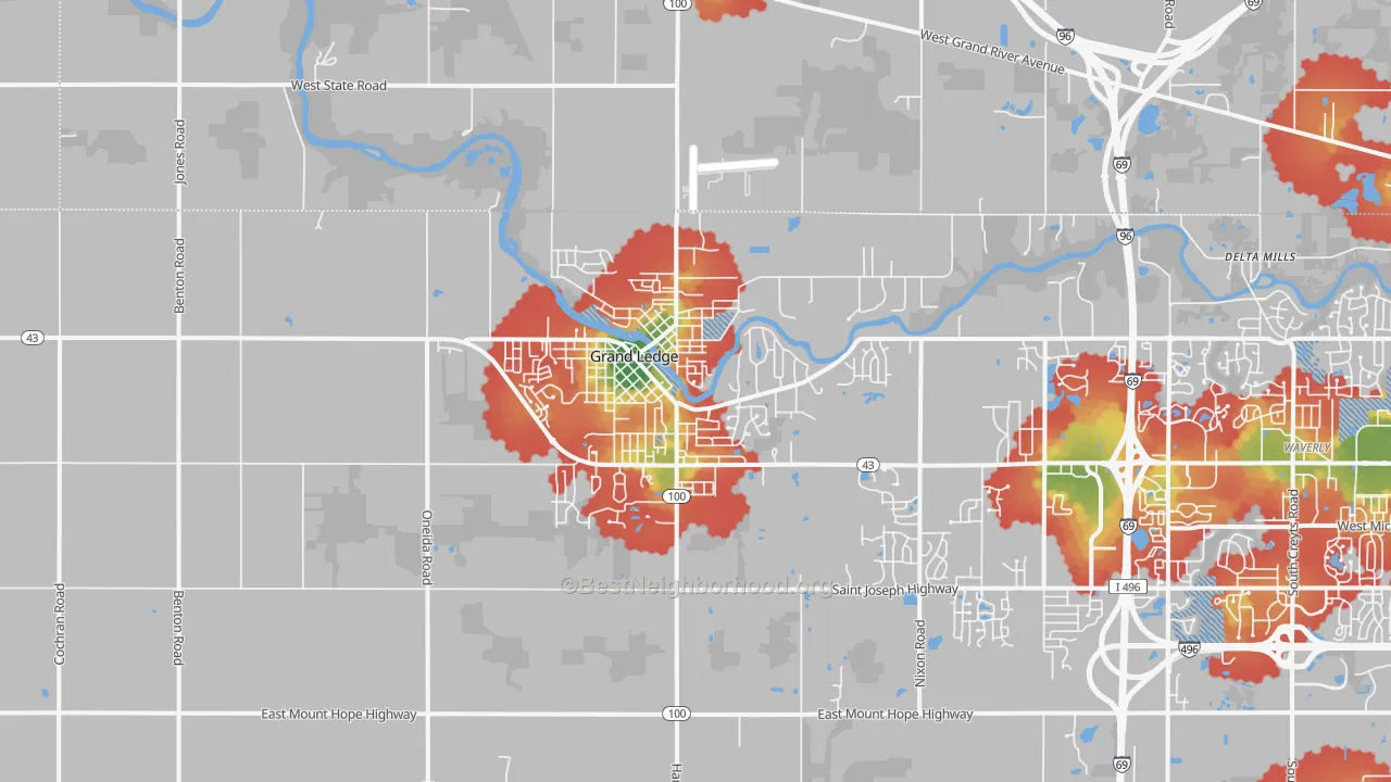 Walk Grade map of 48837, MI, walkable areas in green and car-dependent areas in red