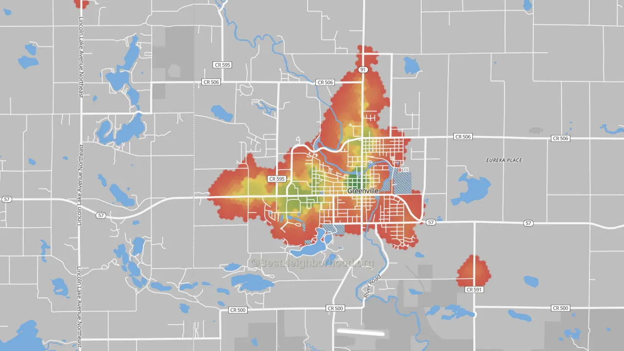 Walk Grade map of 48838, MI, walkable areas in green and car-dependent areas in red