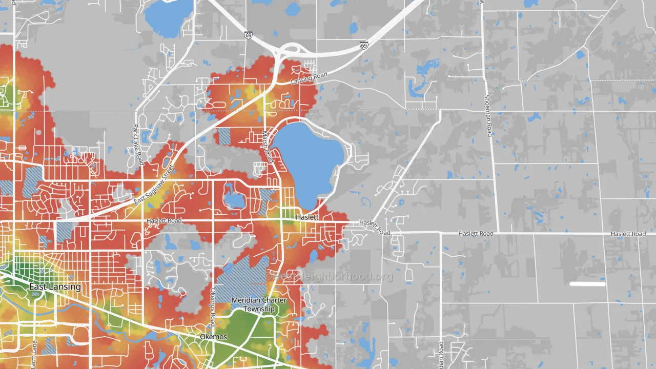 Walk Grade map of 48840, MI, walkable areas in green and car-dependent areas in red