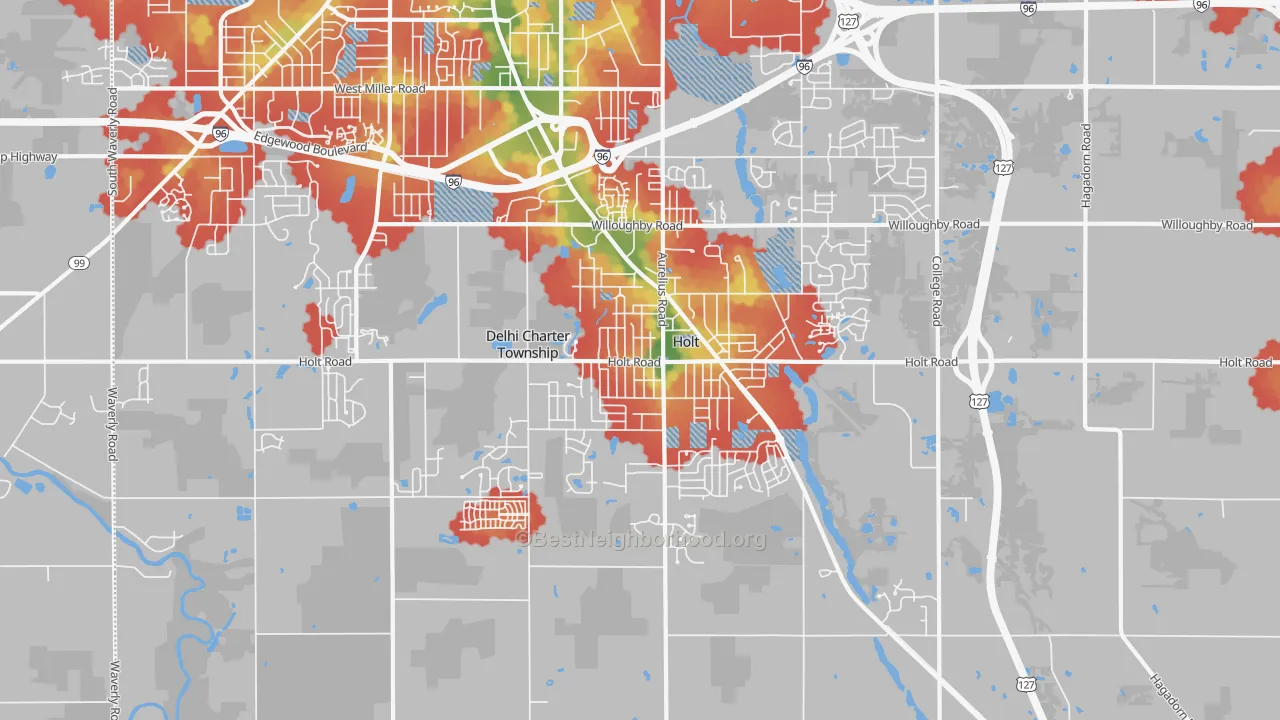 Walk Grade map of 48842, MI, walkable areas in green and car-dependent areas in red
