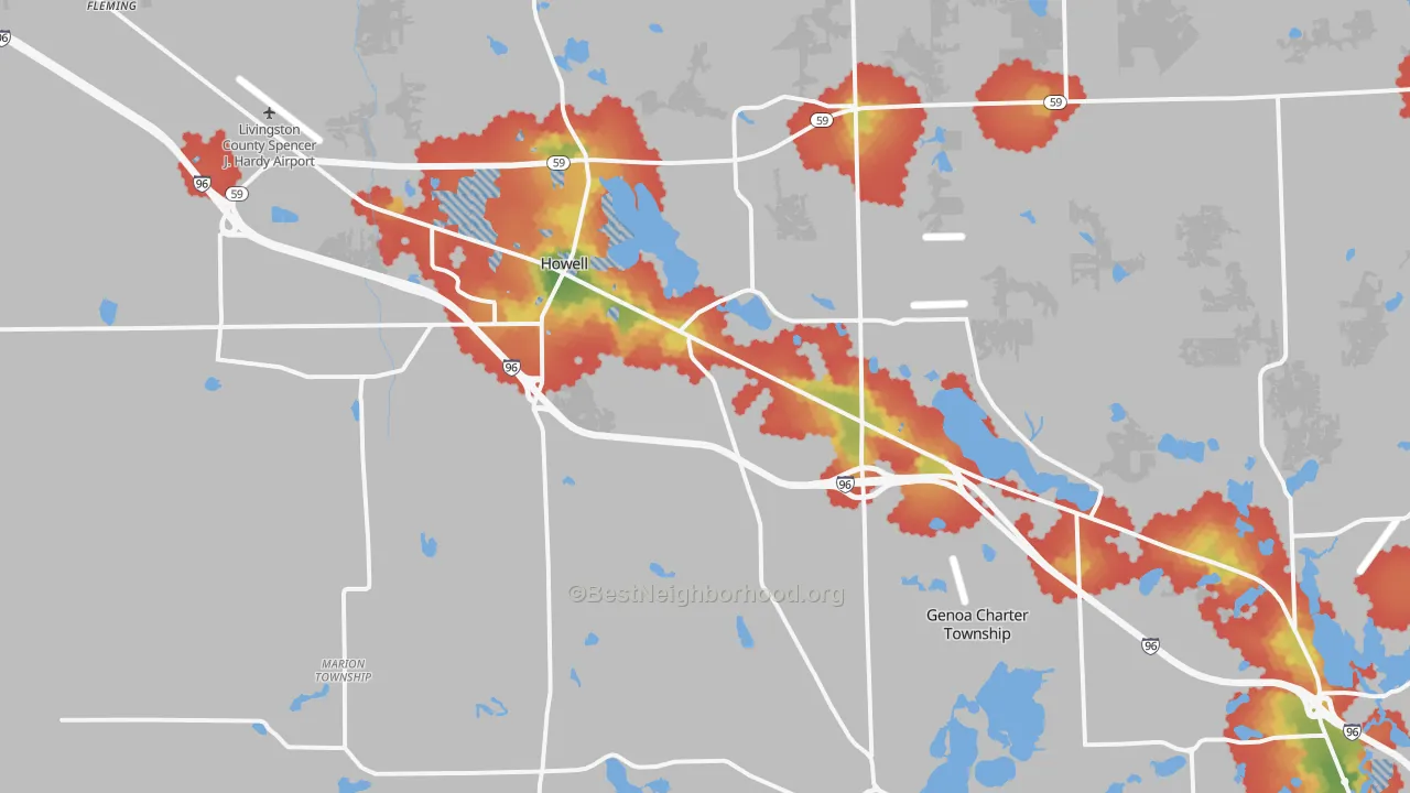 Walk Grade map of 48843, MI, walkable areas in green and car-dependent areas in red