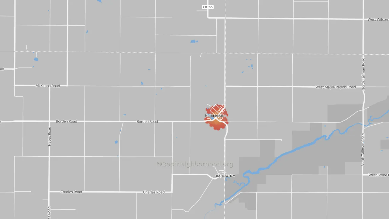 Walk Grade map of 48845, MI, walkable areas in green and car-dependent areas in red