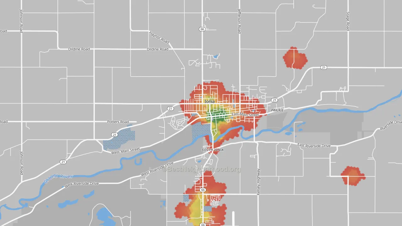 Walk Grade map of 48846, MI, walkable areas in green and car-dependent areas in red