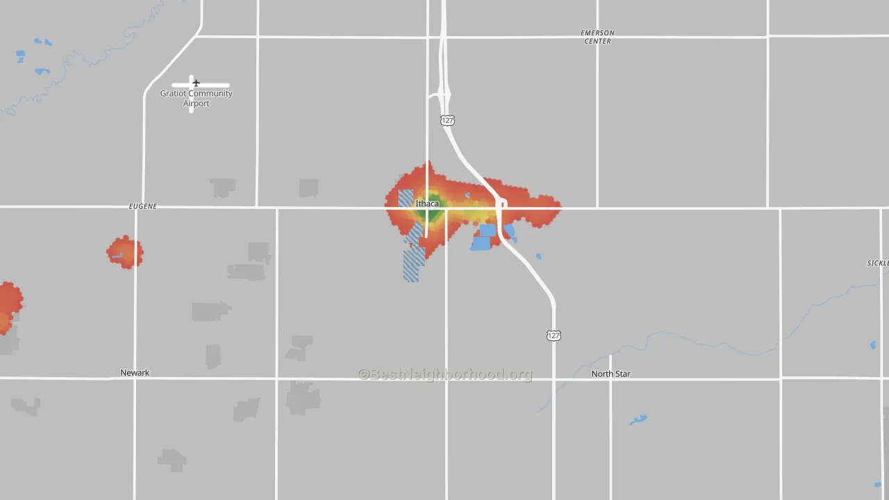 Walk Grade map of 48847, MI, walkable areas in green and car-dependent areas in red