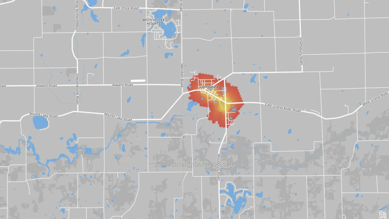 Walk Grade map of 48848, MI, walkable areas in green and car-dependent areas in red