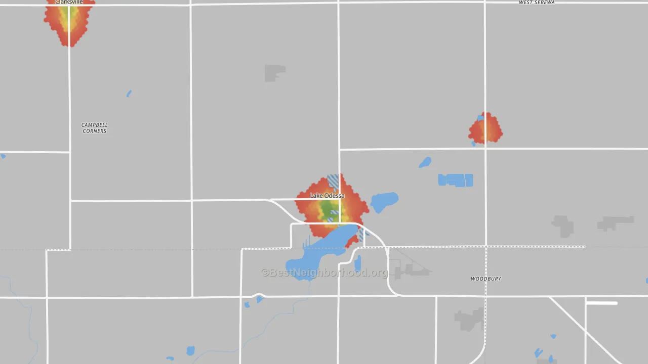 Walk Grade map of 48849, MI, walkable areas in green and car-dependent areas in red