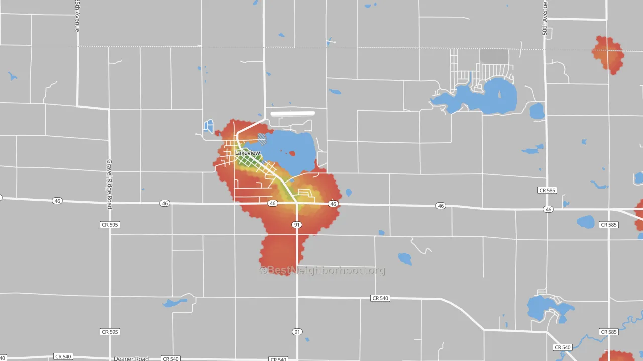 Walk Grade map of 48850, MI, walkable areas in green and car-dependent areas in red