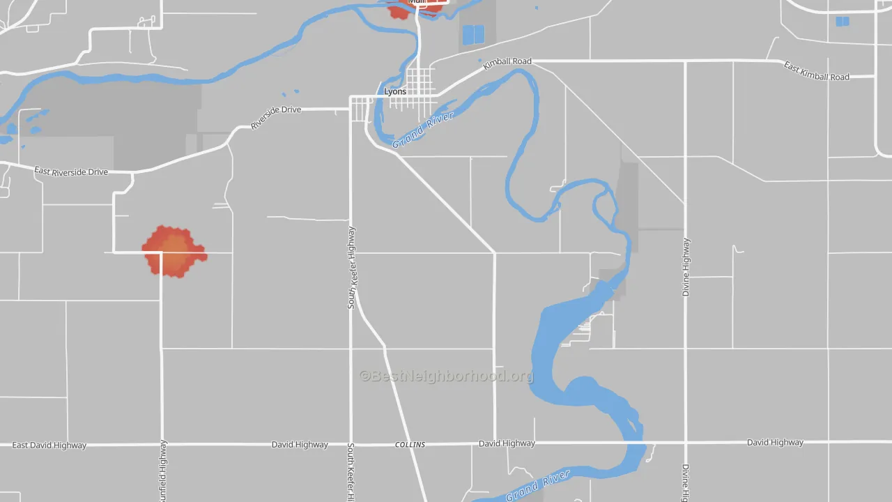 Walk Grade map of 48851, MI, walkable areas in green and car-dependent areas in red