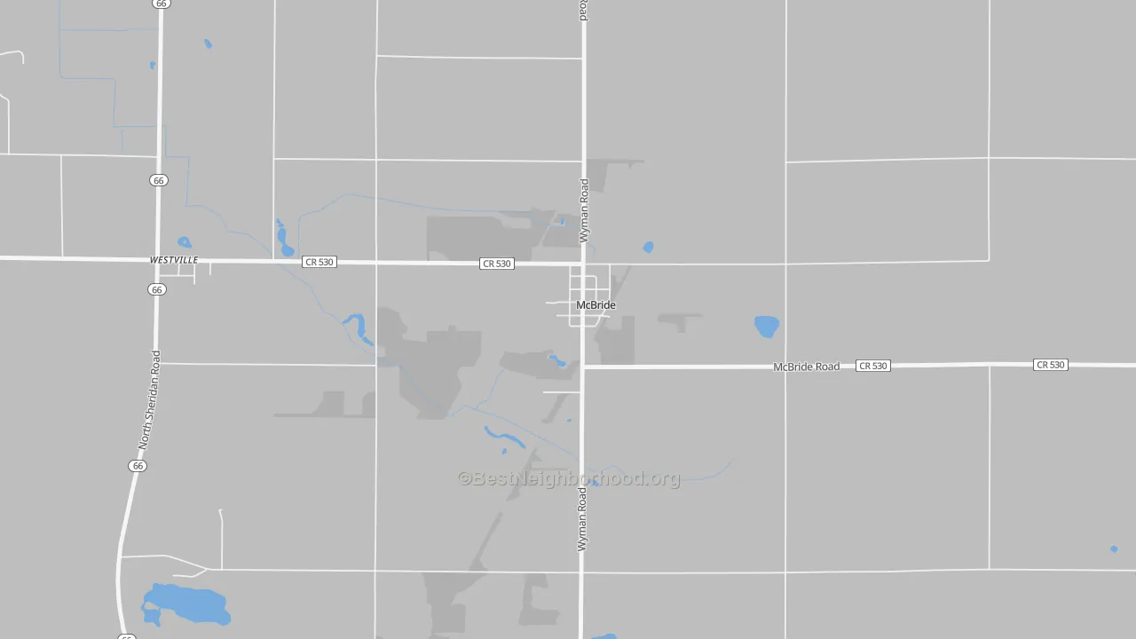 Walk Grade map of 48852, MI, walkable areas in green and car-dependent areas in red
